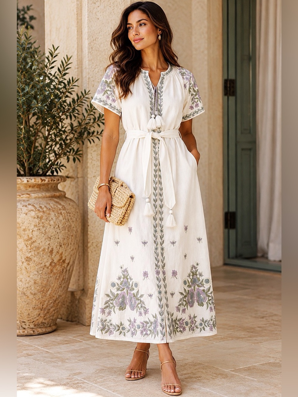 🤍🌿 NWT Julia Amory x AERIN Cordelia Embroidered Caftan Dress – XS 🌿🤍